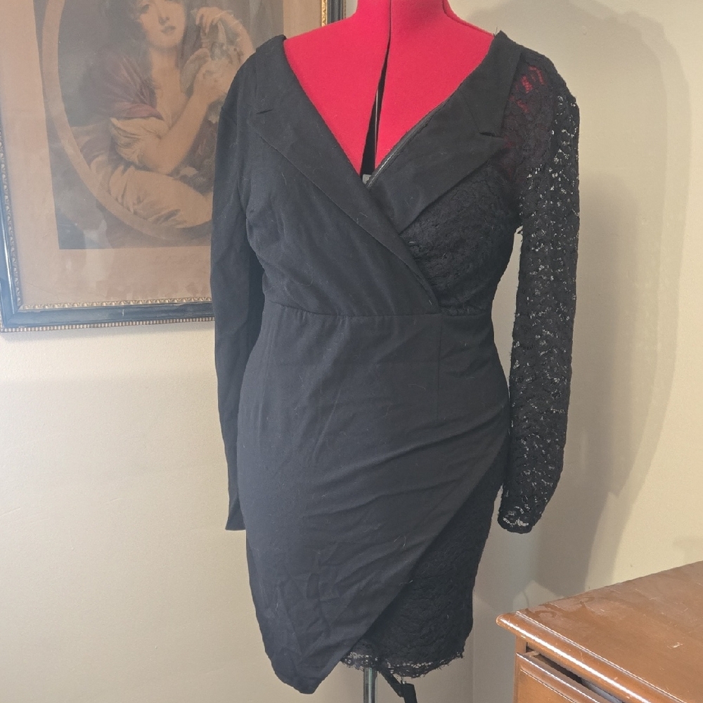 Venus Midi Black dress with Deep Crossed Vneck Long Sleeve, size 16